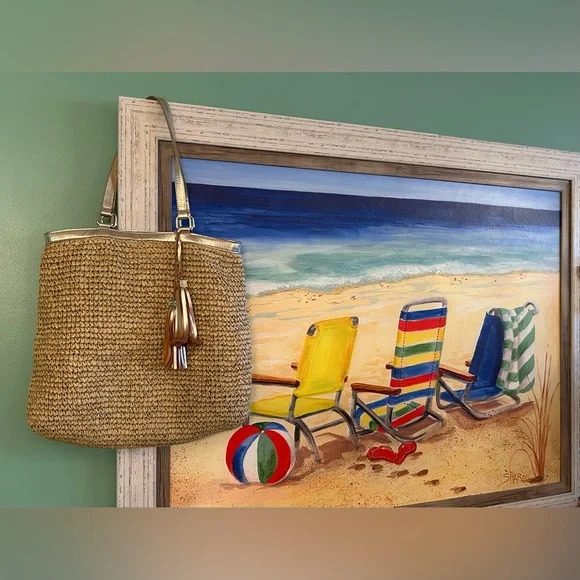 White House Black Market Stylish Gold and Tan Woven Women's Tote Bag - Picture 2 of 13